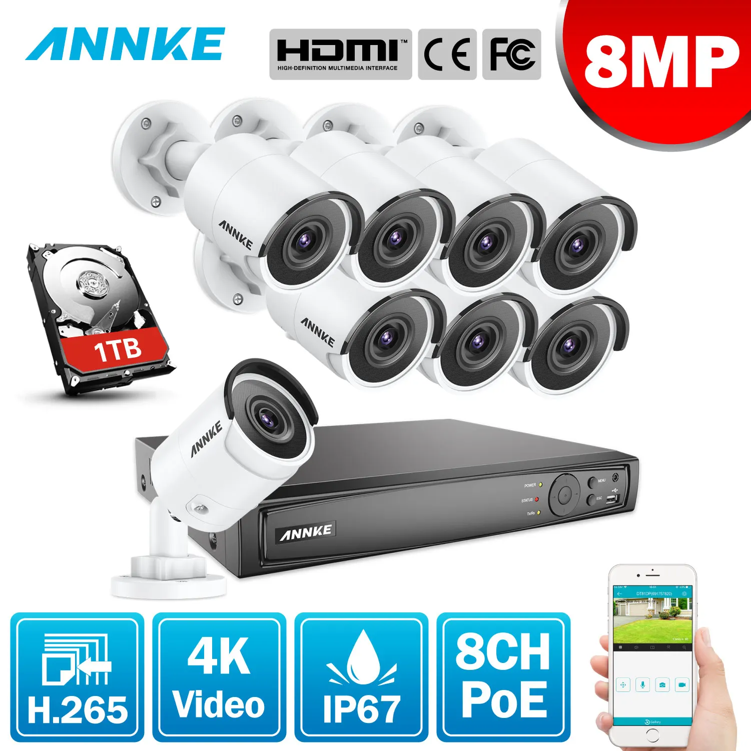 ANNKE 8CH 4K Ultra HD POE сетевая видео система безопасности 8MP H.265 NVR с 8 Мп 30m EXIR ночного видения Всепогодная IP камера