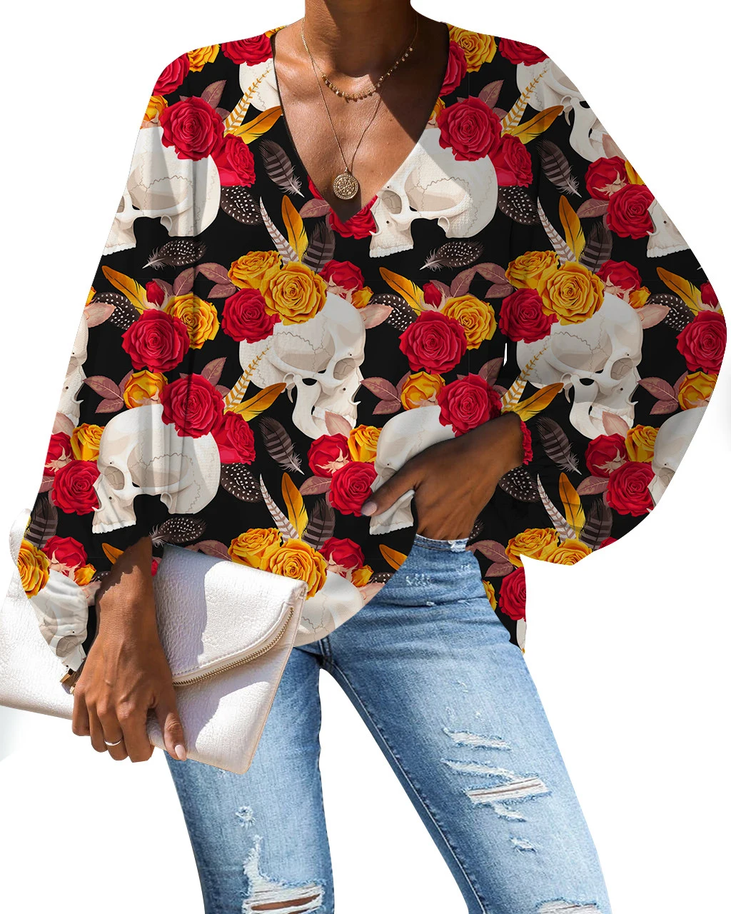

MOZOEYU Femme Spring Clothes Harajuku Style Casual Loose Tops Skull Flower Print V-Neck Blouse Flare Sleeve