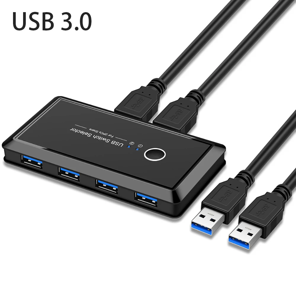 USB 3.0 Switch Selector,2 Computers 4 USB3.0 Port,Switcher Hub for PC Printer Scanner Mouse Keyboard,One Button Switch with 2 Pack USB3.0 Cable&1 Charging Cable