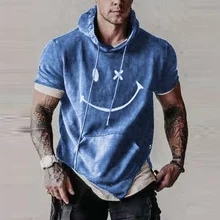 

2021 Summer Casual Hoodies Loose Sweatshirt For Men Fashion Smiler Print Hooded Tops Retro Male Short Sleeve Pullover Streetwear