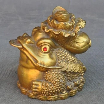 

924+++China fengshui Brass wealth cabbage money coin Golden Toad spittor lucky statue