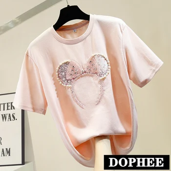 

Women Tshirt Handmade Diamond Beads Headband Short Sleeve T-shirt White Pink Tops Tee Shirts Female Loose Shirts