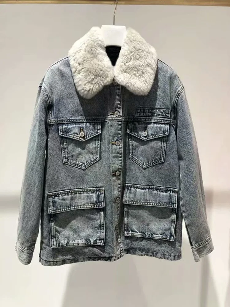 

2019 autumn winter women's high quality loose denim jackets fashion pockets warm coat B085