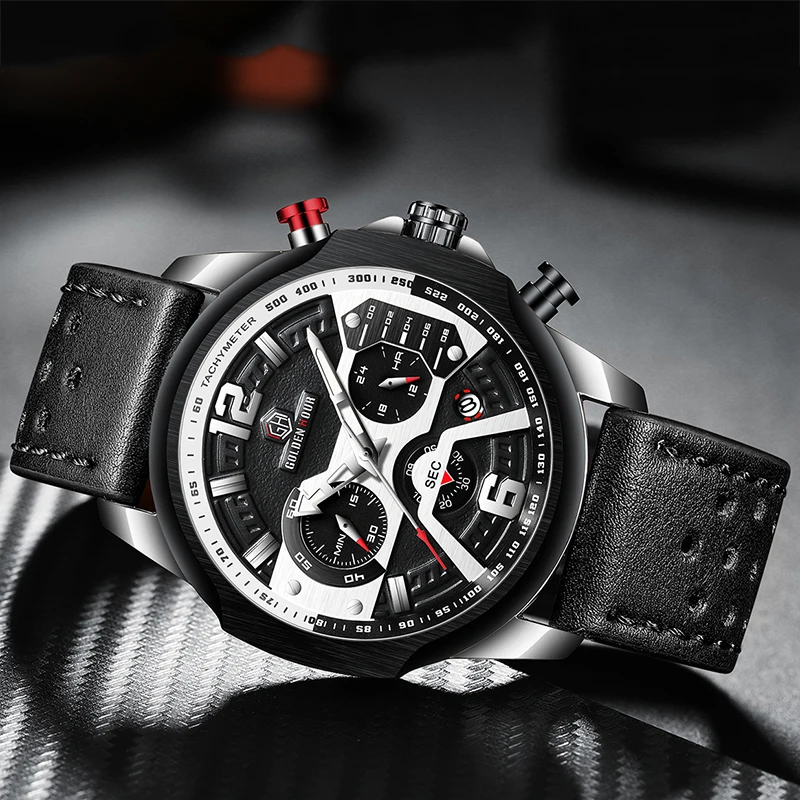 Mens Watches Top Brand Luxury Blue Quartz Men Watch Leather Chronograph Big Sport Wrist Watch Man-6