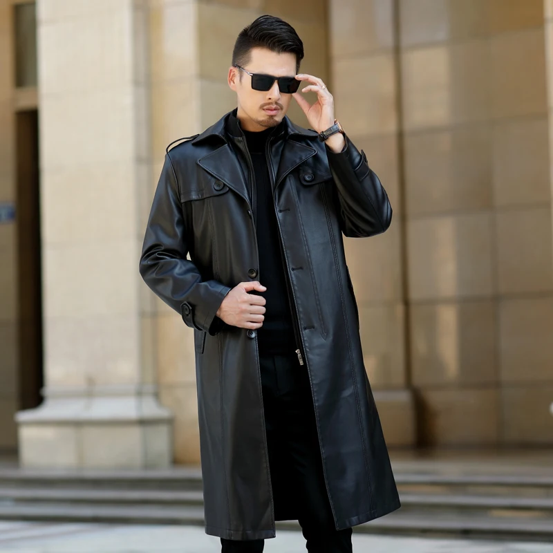 Новая осенне-зимняя Мужская винтажная теплая зимняя куртка из искусственной кожи с лацканами, черный плащ, мотоциклетная Повседневная Длинная Верхняя одежда 2 в 1