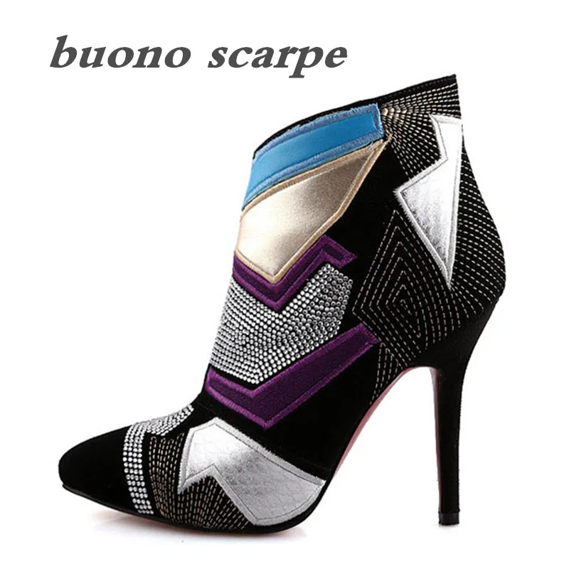 

Autumn and winter new leather sheepskin rhinestone color matching female booties pointed high-heeled Martin boots
