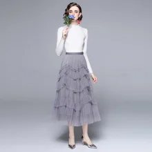 

Spring Autumn Office Lady Knit Tops and Irregular Cascading Ruffles Maxi Mesh Skirt Two piece Set Women Runway Fashion Set Suit