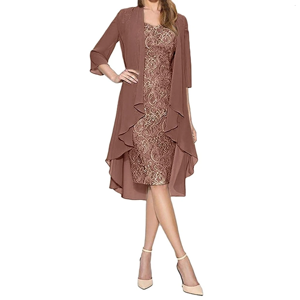 

Women Dress Fashion Two Pieces Charming Solid Color Mother of The Bride Lace Dresses Female Autumn Winter Dress Plus Size M840#