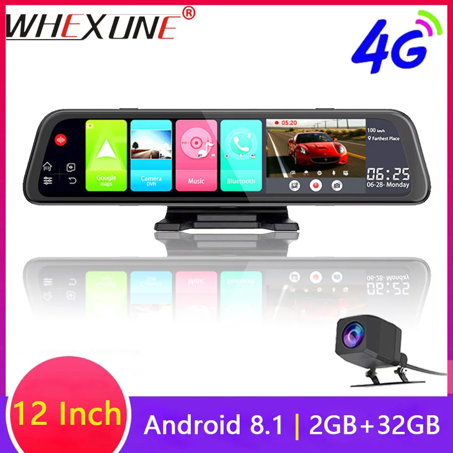  WHEXUNE 4G Android 8.1 Car DVR Camera GPS 12 inch Rearview mirror 2G RAM+32G ROM dash cam Video rec