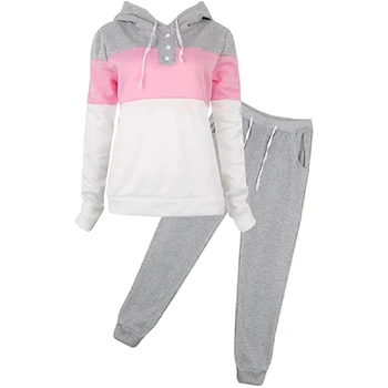 

Women Loose Simple Long Sleeve Color Matching Hat Collar Tops + Casual Slim Pants Two-Piece Suit