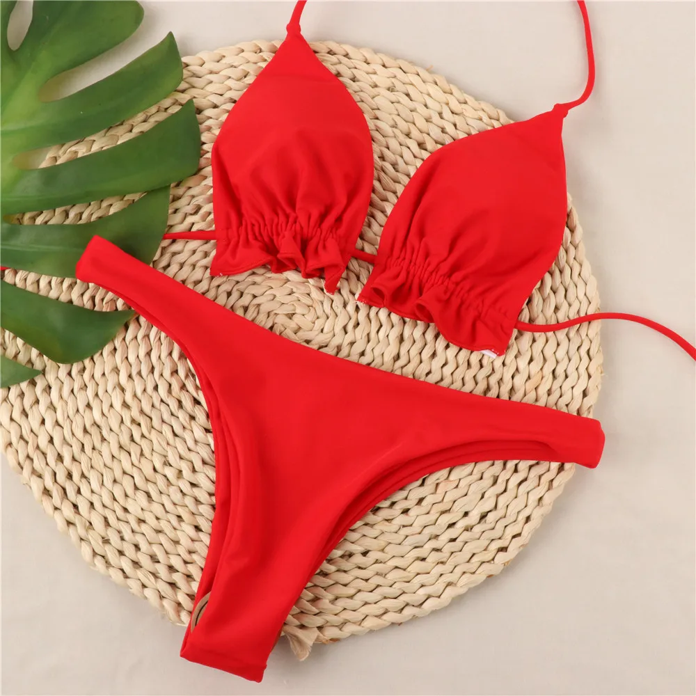 

Micro Bikini Neon Ruffled Removable Cup Sexy Swimwear Women Push Up Green/Red Swimsuit Bathing Suit biquinis feminino 2019