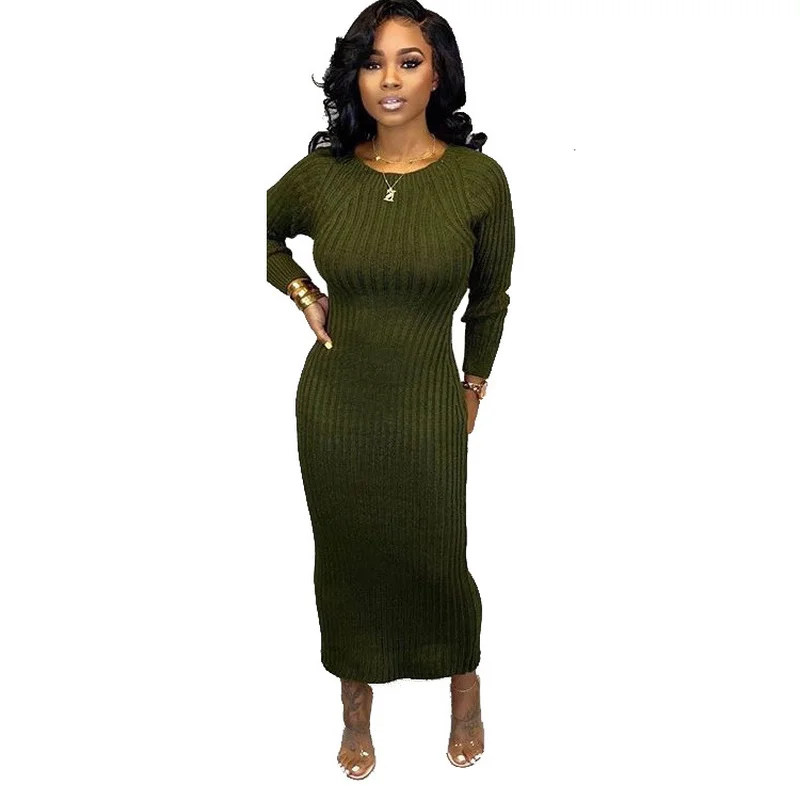 

2020 Round Neck Long Sleeve Solid Color Backless Knit Bodycon Hot Sale Latest Casual Dress Design
