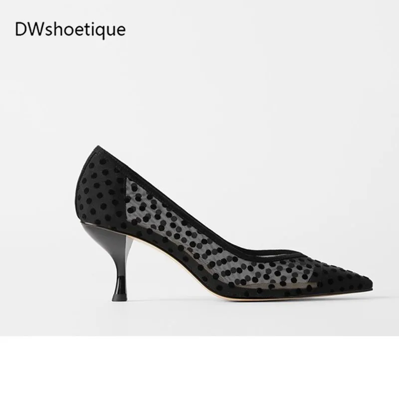 Spring dot mesh women dress shoes low thin heel pointed toe pumps | Обувь