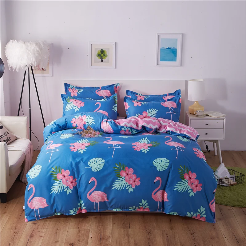 High Grade Cotton Double Bed Set Flower Flamingos Duvet Cover Set