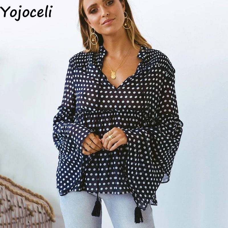 

Yojoceli Elegant ruffle polka dot chiffon blouse women Sexy beach tassel loose blouse Casual autumn female top blusas