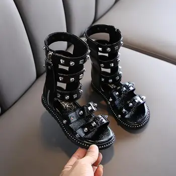 

Hot Hollow sandals For Girls Fashion High Sandals Gladiator Sandals Pu Leather Kids Beach Shoes For Girls Kids Roman Sandals