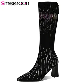 

Smeeroon 2020 new fashion knee high boots women pointed toe crystal slim stretch boots autumn winter high heel party shoes woman