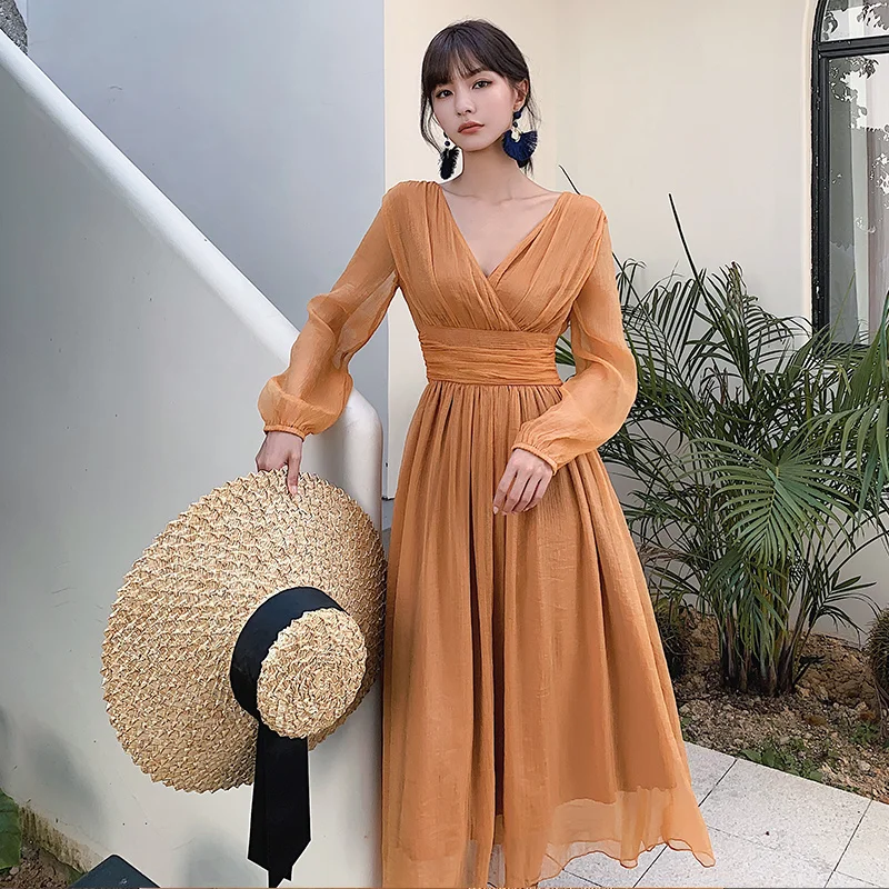 Женское длинное платье с v образным вырезом GLAUKE однотонное макси длинным рукавом