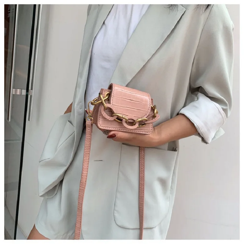 

Stone Pattern PU Leather Crossbody Bags For Women Thick Chain Design Shoulder Messenger Bag Lady Mini Tote Lipstick Handbags