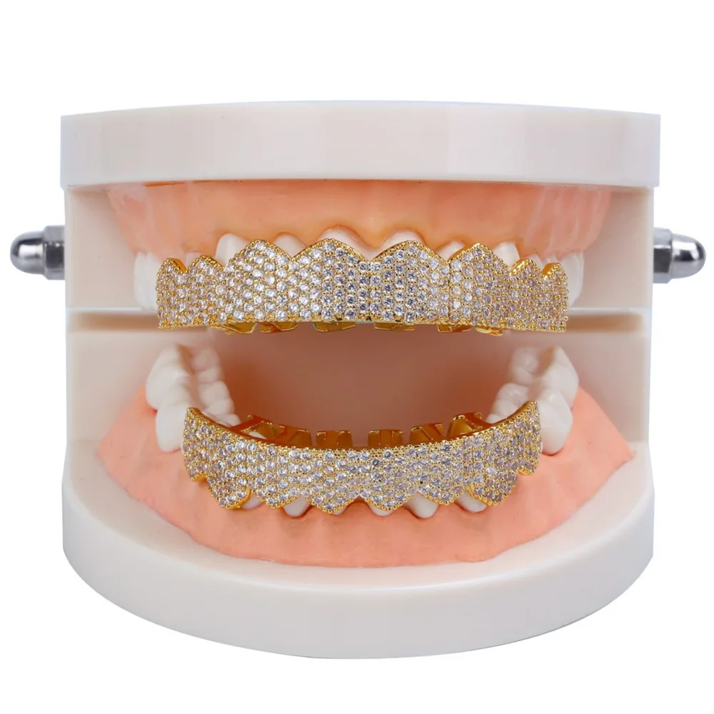 Хип-хоп Золото Серебро Цвет Iced Out Bling Teeth Grillz микро-укладка кубический циркон верхние и нижние зубы грили набор рок-Рэп ювелирные изделия
