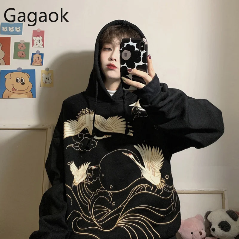 Gagaok Женская толстовка в китайском стиле на осень и зиму, новинка, Толстая Толстовка с капюшоном, с принтом крана, Свободные повседневные Ретро женские модные пуловеры