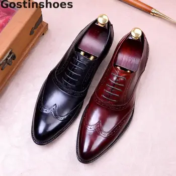 

Men Brogue Shoes Genuine Cow Leather Wing Tip Lace-up Dress Shoes For Men Pointed Toe Men Wedding Shoes Party Business Shoes