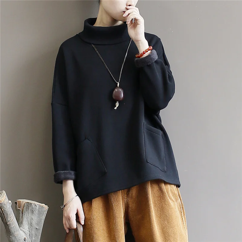 QPFJQD Ladies Turtleneck Pullover Sweatshirt Spring Autumn Long Sleeve Cotton Women Clothes Warm Winter Casual Pocket Sweatshirt