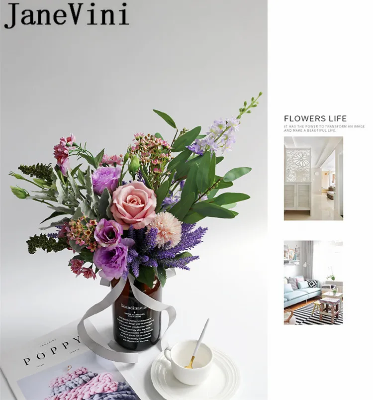 JaneVini, западный стиль, фиолетовые Искусственные Свадебные букеты,, лаванда, шелк, роза, свадебные сушеные цветы, искусственный букет невесты, пион