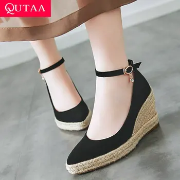 

QUTAA 2020 Women Shoes Wedges Heel Platform Pointed Toe All Match Platform Flock Buckle Spring/autumn Ladies Pumps Size 34-41