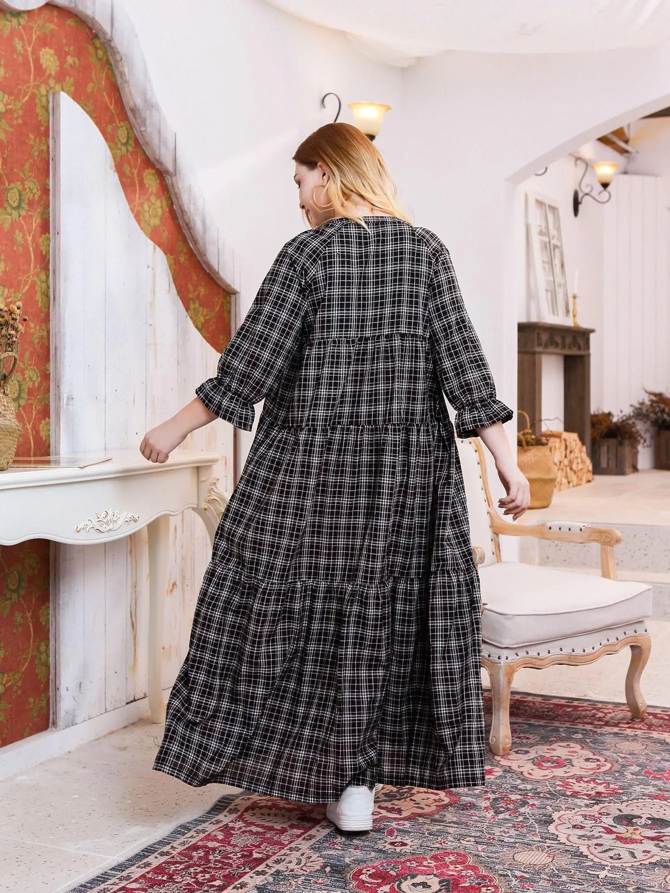 4XL ТРАПЕЦИЕВИДНОЕ длинное платье макси большого размера женское зимнее платье Элегантное повседневное платье в клетку винтажное свободное платье размера плюс большие платья vestidos