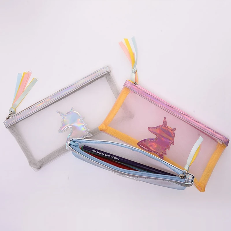 1 шт. Kawaii Unicorn Mesh Pencil Bag Harajuku Wind Laser Студенческая ручка сумка свежая девушка сердце ручка сумка