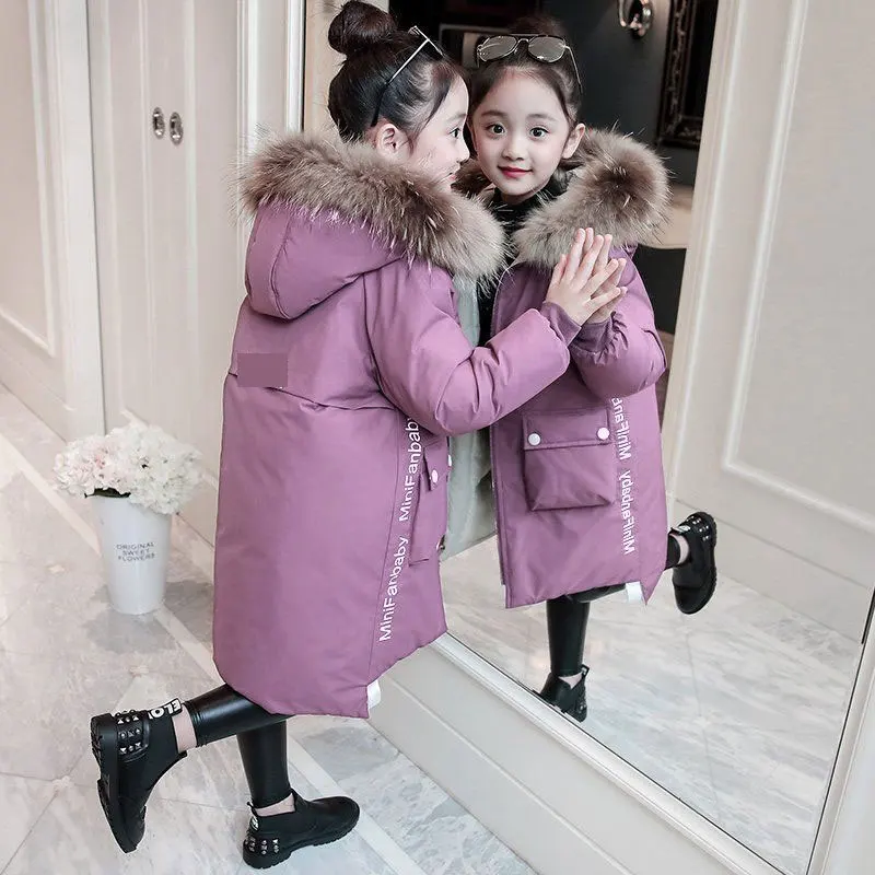 

New Fashion Children Winter Down Cotton Jacket Girl Clothing Kids Clothes Warm Thick Parka Fur Collar Hooded Long Coats 3-14Y