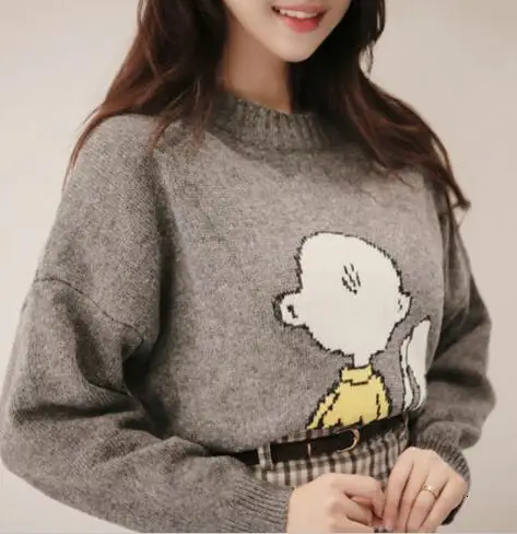 Женский осенне-зимний свитер, вязаный пуловер, трикотажный джемпер с рисунком Snoopy, винтажный пуловер для женщин размера плюс, Sueter Mujer - Цвет: Gray