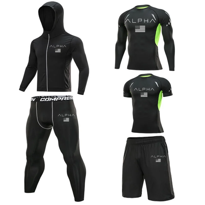 

2020 New Men's Long sleeve Tight-fitting Workout Clothes Printing 5-piece Set of Running Sports Training Sportswear Quick Drying