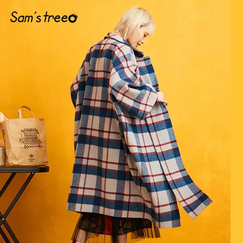 SAM'S TREE клетчатое цветное прямое шерстяное пальто для женщин зимнее корейское повседневное офисное Женское верхняя одежда на одной пуговице
