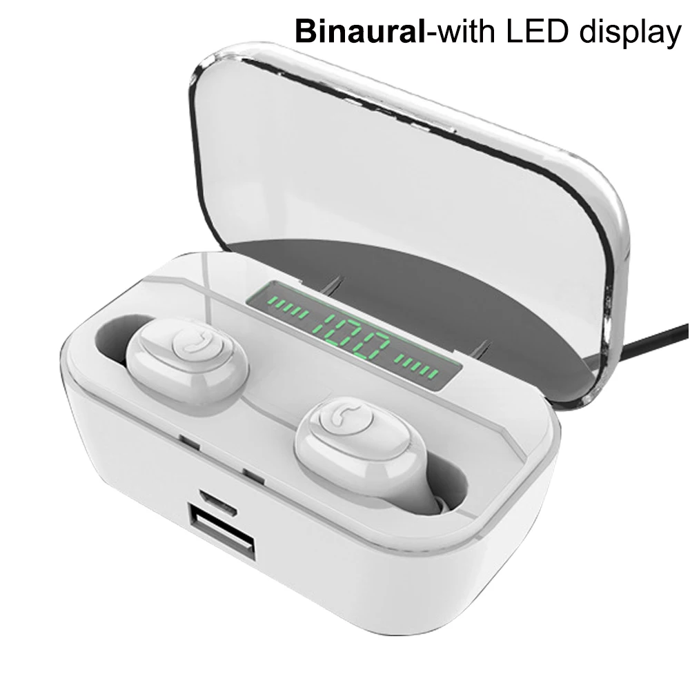 Binaural-white LED Bluetooth наушники 8D стерео беспроводные наушники мини беспроводное зарядное устройство Зарядка наушники гарнитура с 3500 мАч Внешний аккумулятор наушники - Цвет: Binaural-white LED
