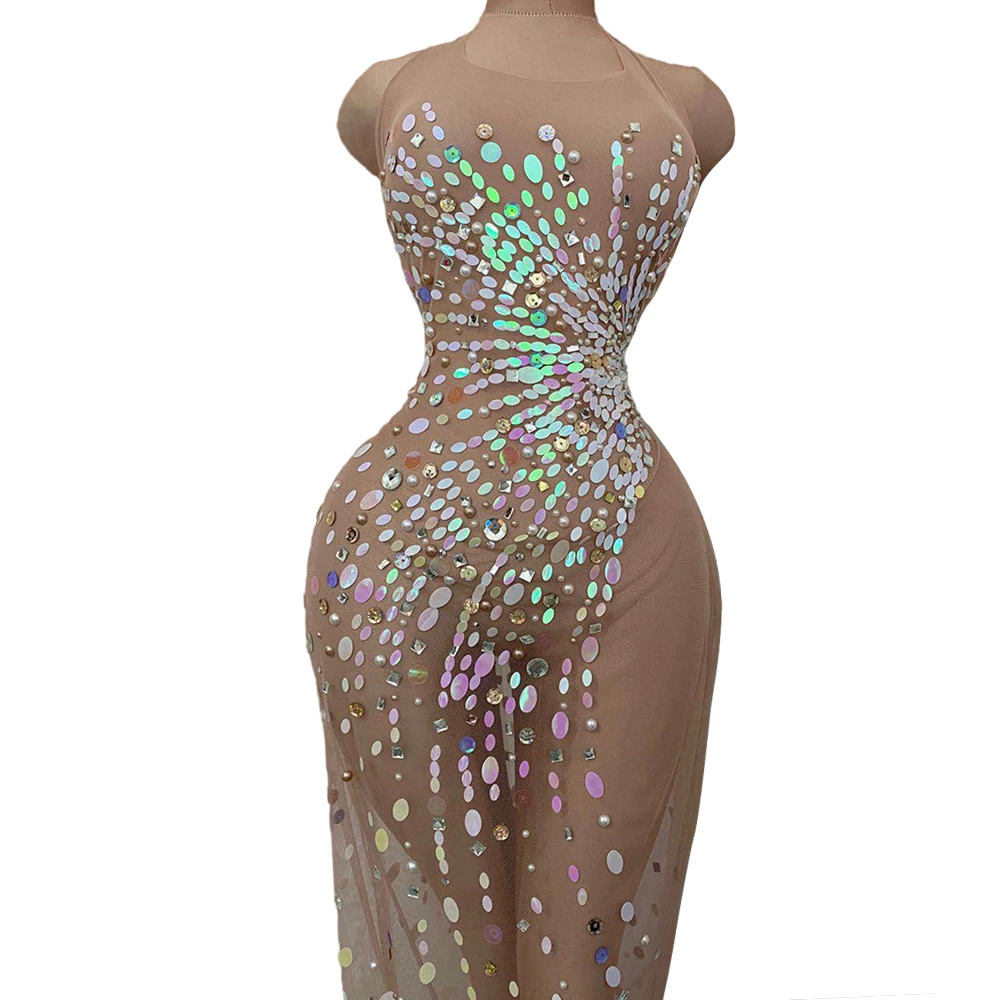 

Sequins Mesh Dresses Women See Through Prom Party Birthday Celebrate Dress Female Singer Stage Wear Nightclub Outfit Costumes