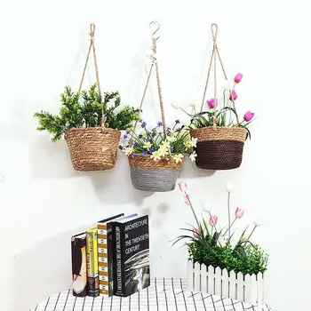 

Flower Pots Hanging Planter Rattan-like Basket Round Rope Plant Holder Hanging Flower Pot Planter Woven Storage Basket Home Dec