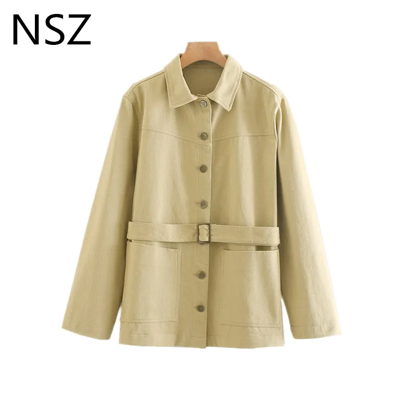 

NSZ Women Solid Jacket Long Sleeve Turn Down Collar with Belt Button Coat Outerwear