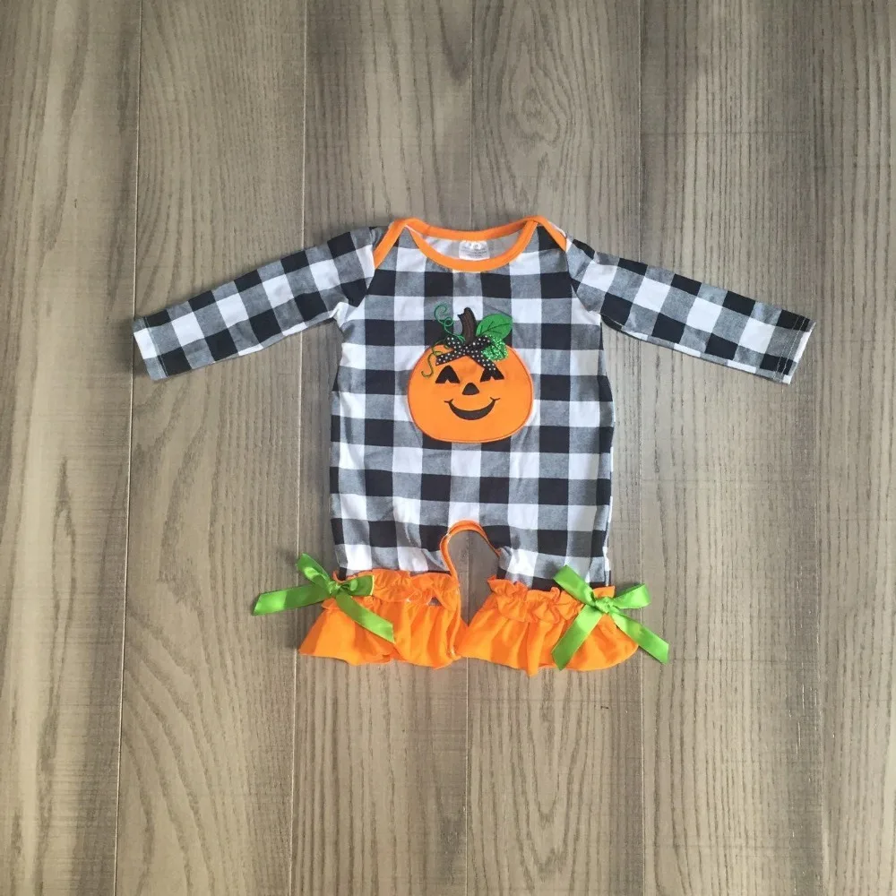 Осенне-зимний костюм для Хэллоуина, костюм в клетку с рисунком тыквы и подсолнуха, Изысканная одежда для маленьких девочек, хлопковый комбинезон для новорожденных с оборками для малышей