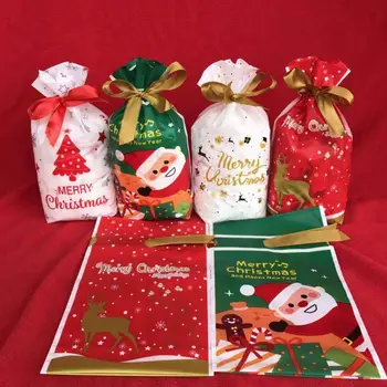 

50pcs Beautiful Merry Christmas Ribbon Drawstring Bag Food Packaging Gift Bag Baking Pastry Biscuit Drawstring Bag Santa Claus