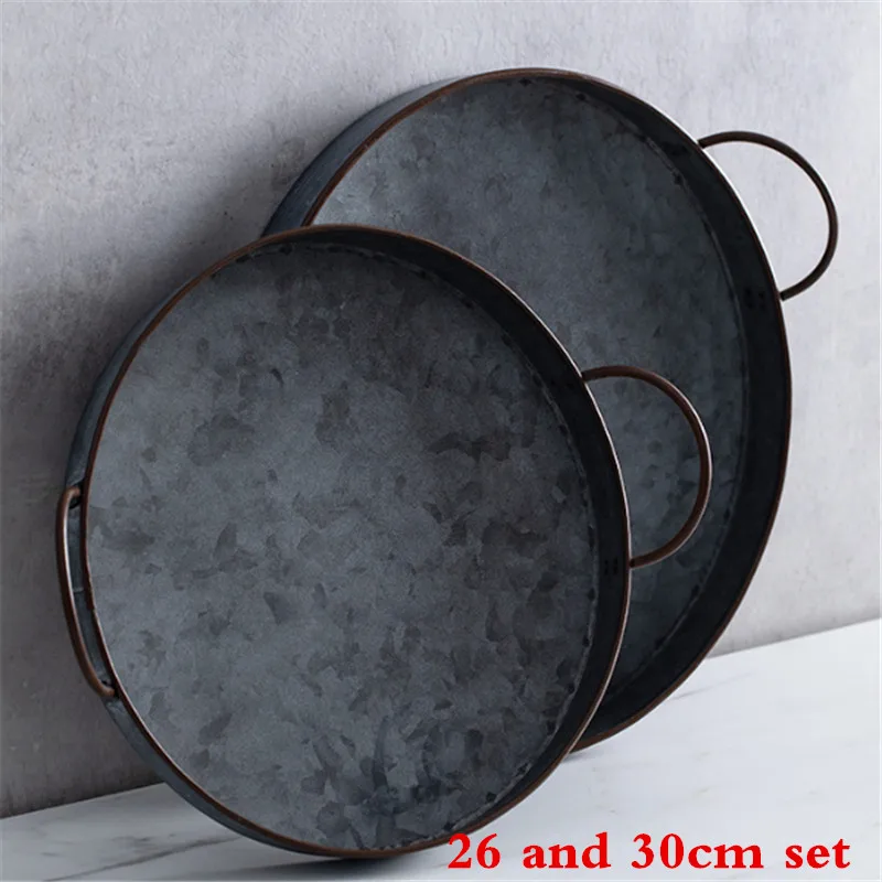 26 and 30cm set Европейский ретро металлическая тарелка круглая кованая винтажный поднос для хранения хлеба и тортов украшение дома ресторан закуски Роскошная тарелка для стейка - Цвет: 26 and 30cm set