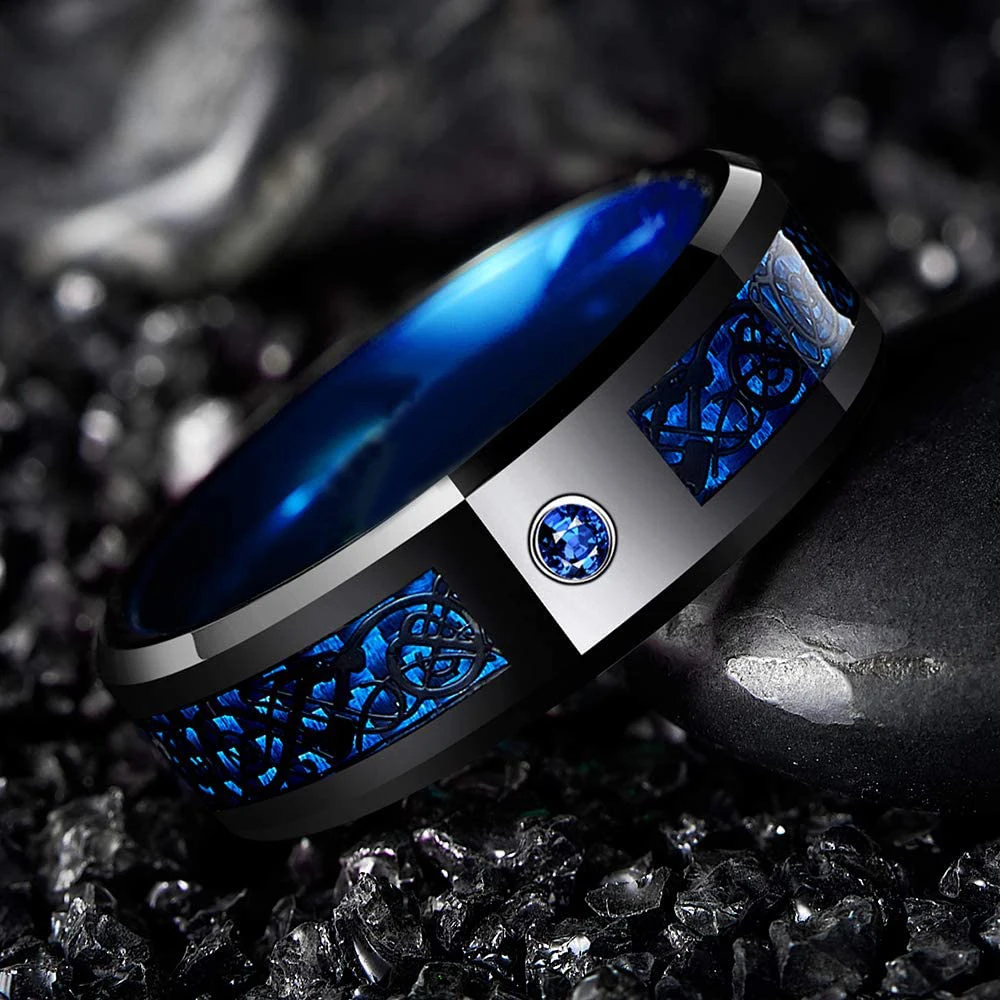 Bague Homme En Tungstène Noir - Incrustation Zircon Bleu, Motif Dragon - Largeur 8 Mm - Taille 7 à 14