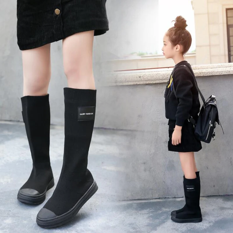 

Spring Autumn Elastic Knitted Kids Knee High Boots Korean Style Girls Boots School Black Boots For Girl Size 26-36