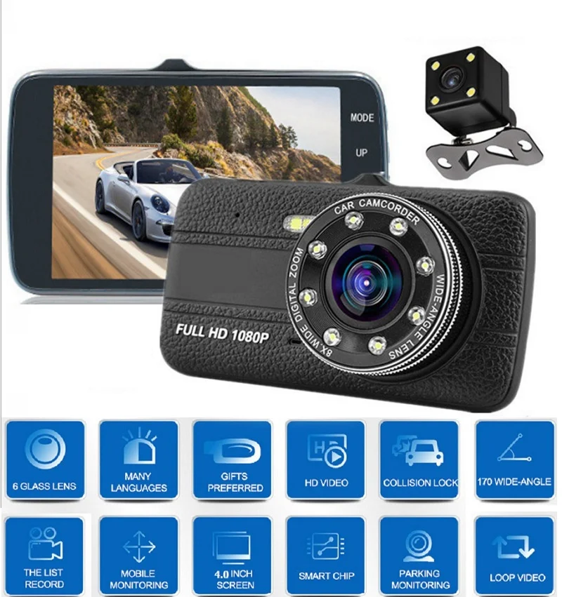 

4 inch IPS DVR Dash Camera Cam Full HD Video Recorder Registrator Auto Dual Cameras for In Cars Dashcam Vehicle Black DVRs Box