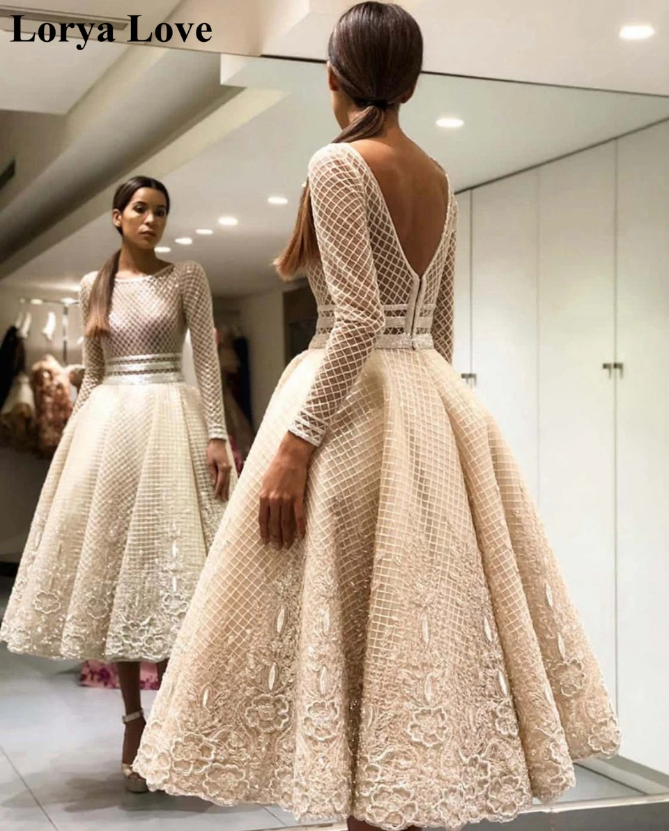 

Champagne Long Sleeves Prom Dresses 2021 Women Formal Party Sexy Evening Dress Elegant A-Line Muslim Long Graduation Prom Gowns