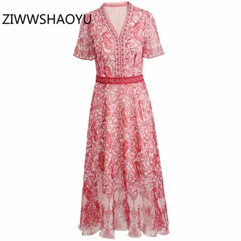 

ZIWWSHAOYU Summer Women Red Print Beading V-Neck Dress Runway Designer Ladies Short Sleeve Beach Vacation Flowy Midi Dresses