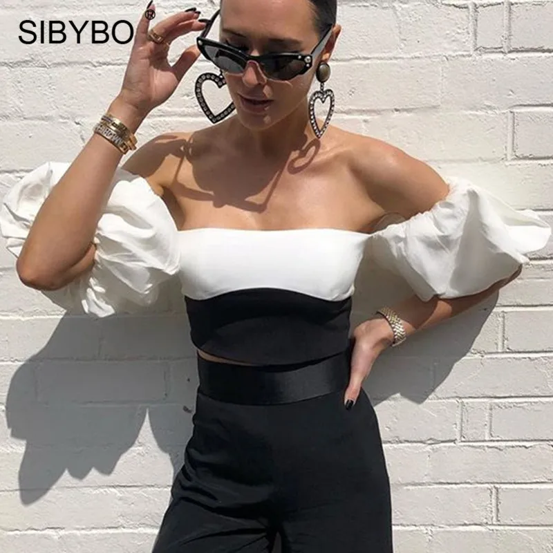 SIBYBO, рукав-фонарик, без бретелек, Сексуальная футболка, женская, с открытыми плечами, в стиле пэчворк, летний укороченный топ, открытая спина, пляж, Повседневный, женские топы, Короткие