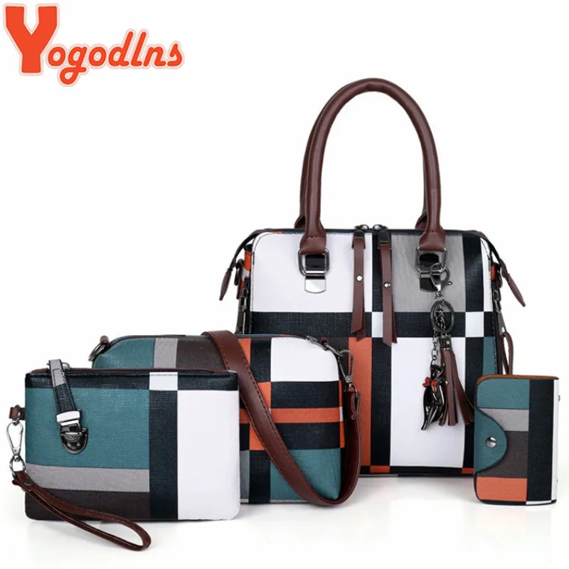 Yogodlns Luxury Handbags plaid Women Bags Designer 2021 tassel Purses and Set 4 Pieces Female Feminina travel tote |