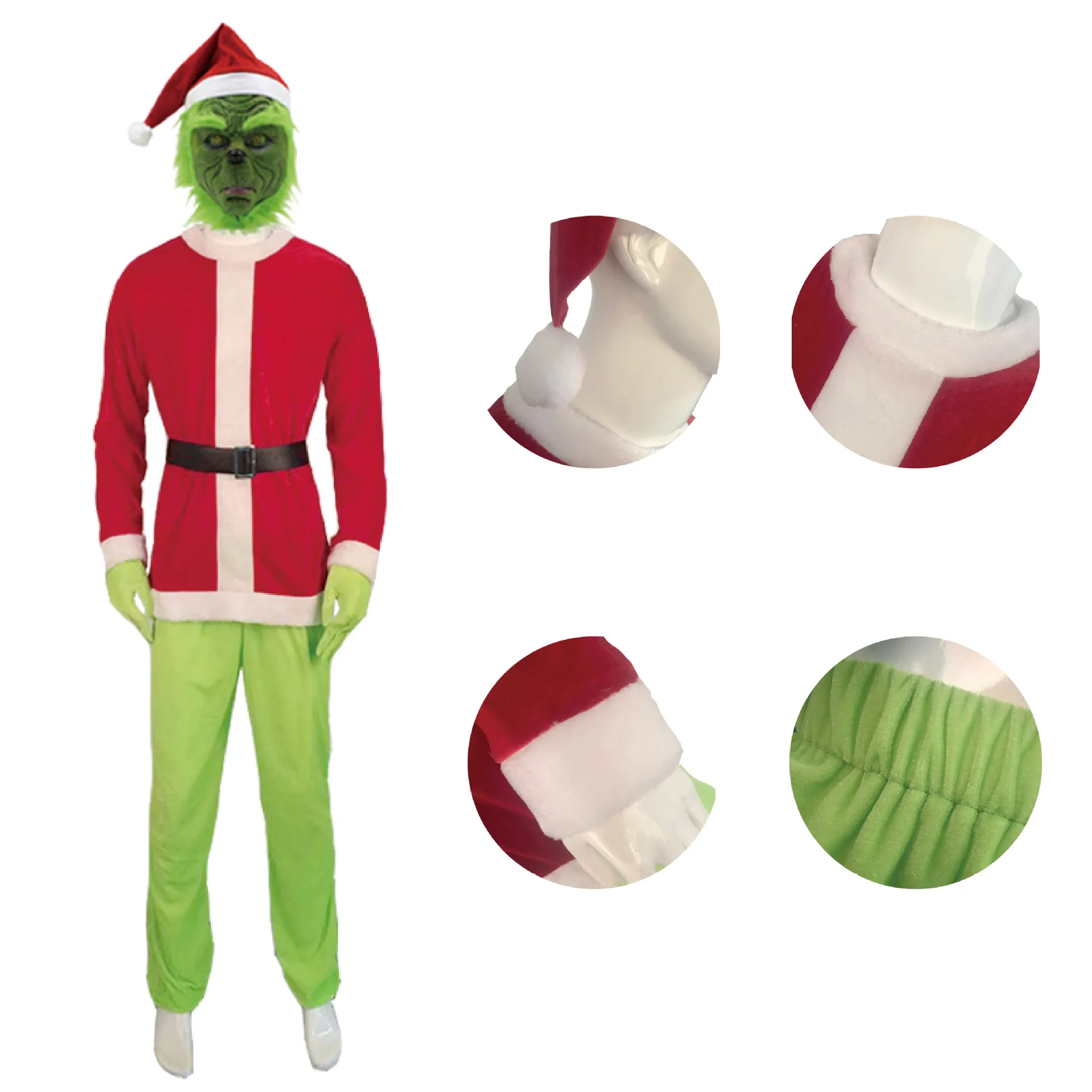 Рождественский костюм Grinch для костюмированной вечеринки; мужской костюм Санта-Клауса для взрослых; топ+ брюки+ шапка+ перчатки+ обувь; вечерние костюмы для маскарада